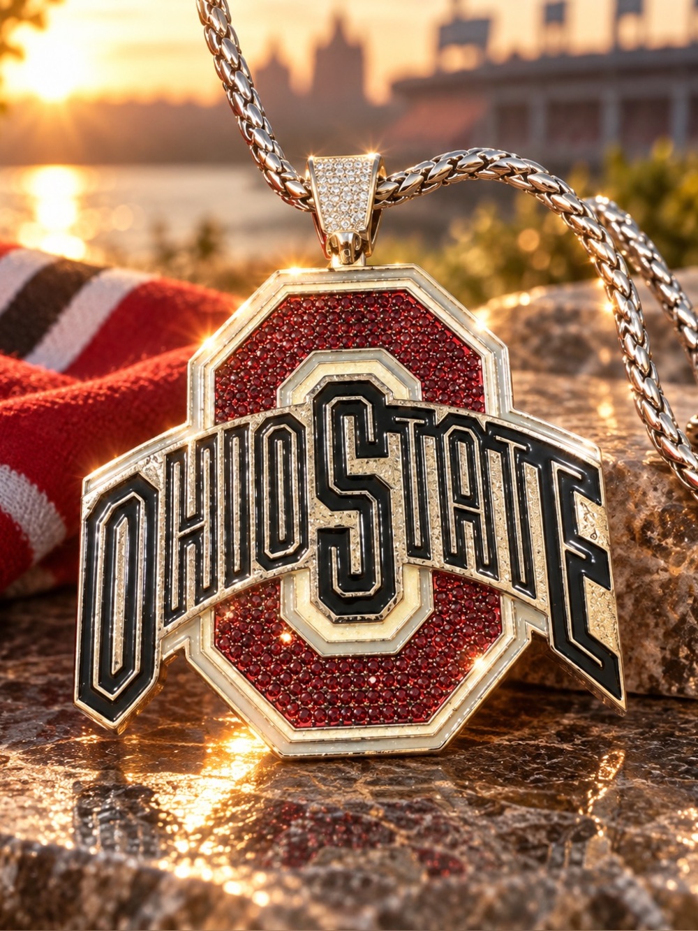 Ohio State Buckeyes Style CZ Pendant 36” Fashion Chain Large Heavy Charm